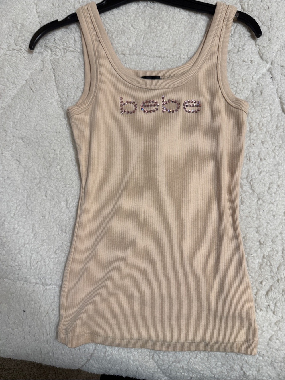 bebe Beige Ribbed Tank Top with Crystal Logo